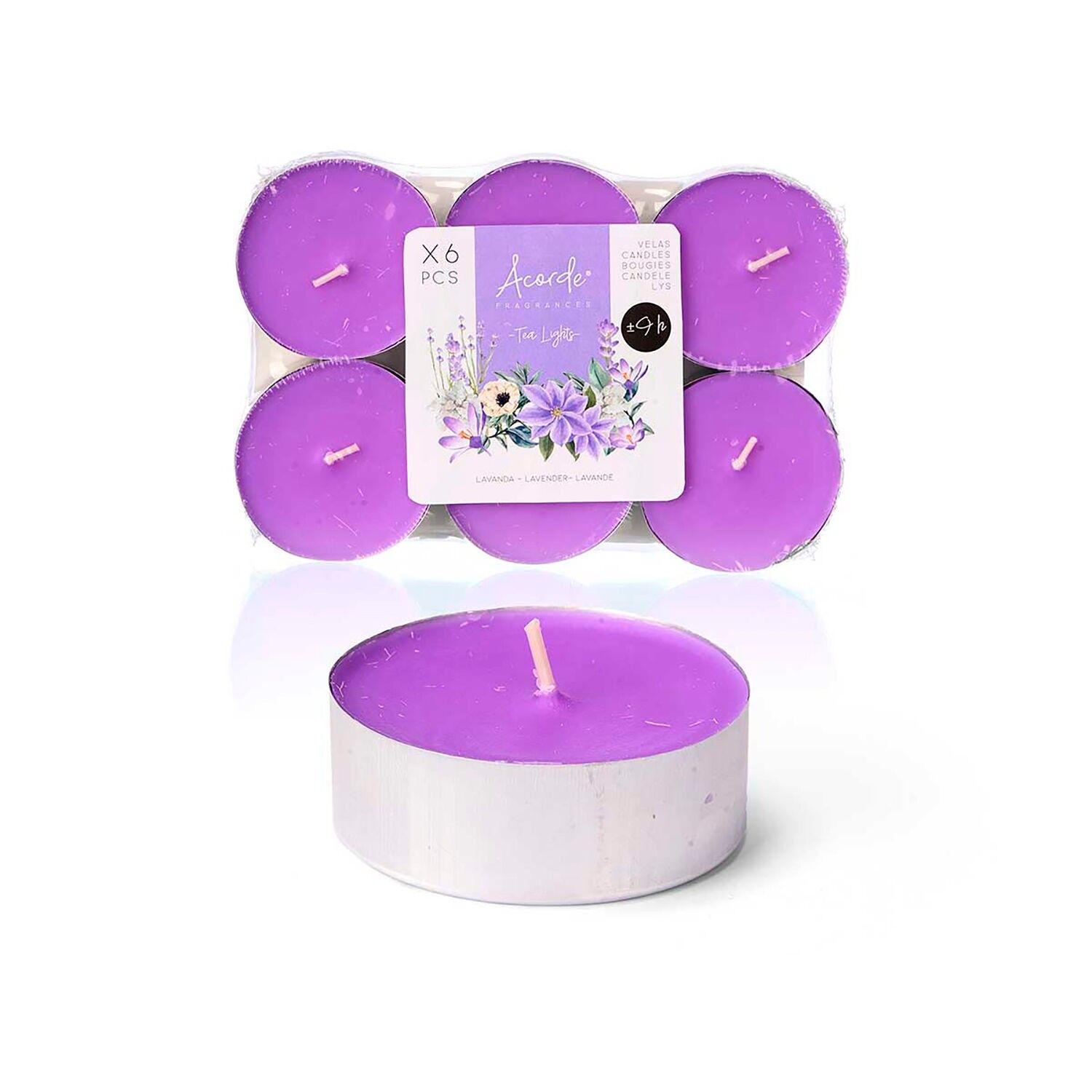 Lot de 6 bougies parfumées à la Lavande. Durée : 9 heures. Couleur : violet