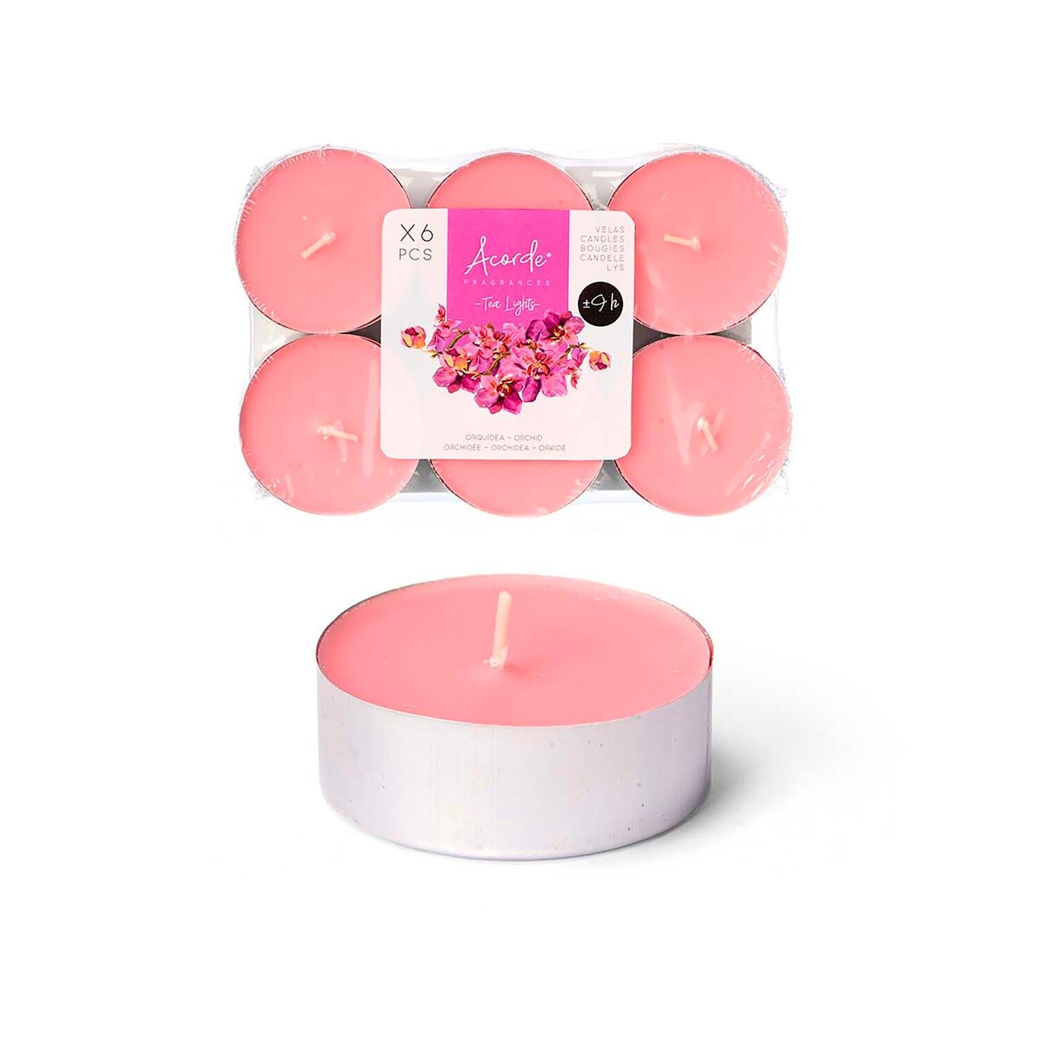 Lot de 6 bougies parfumées Orchidée. Durée : 9 heures. Couleur : rose