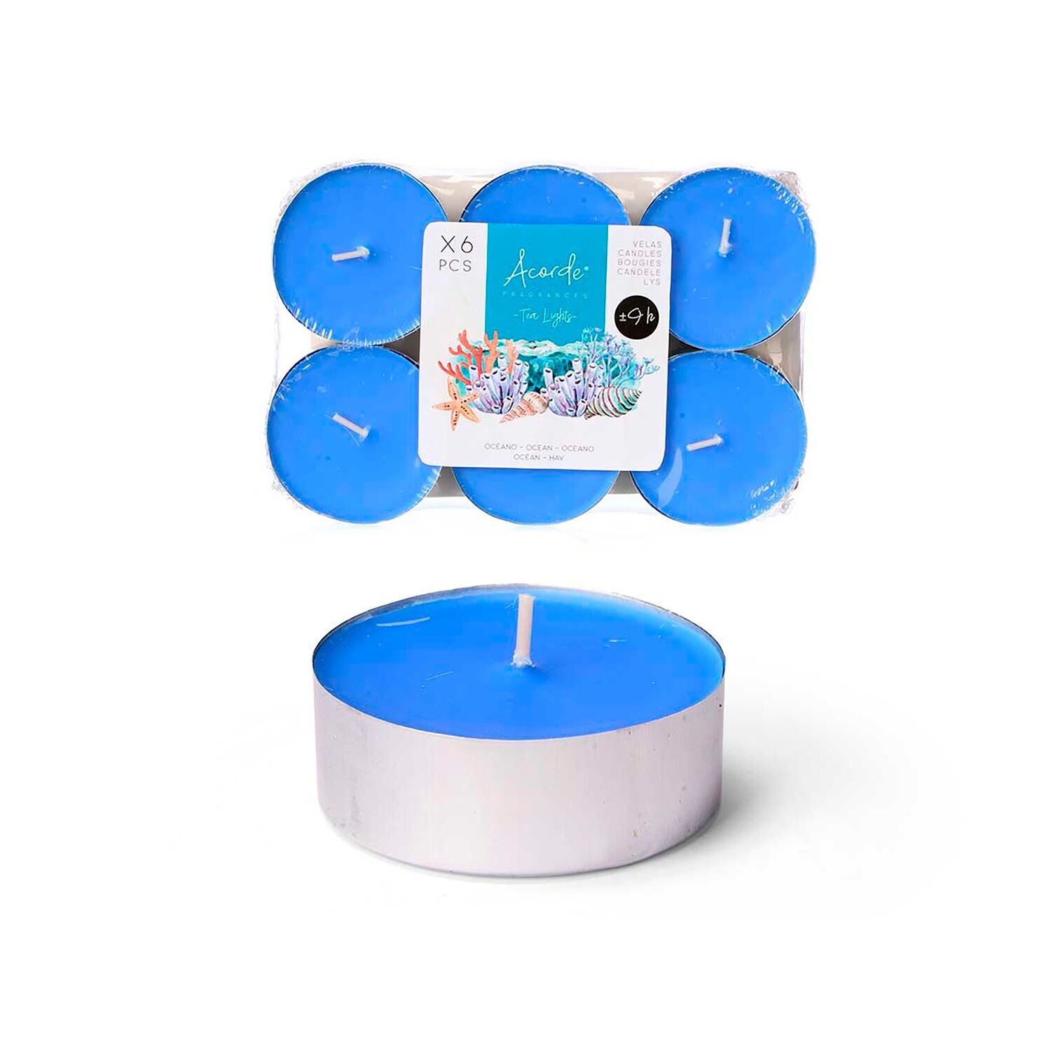 Lot de 6 bougies parfumées à l'océan. Durée : 9 heures. Couleur bleu