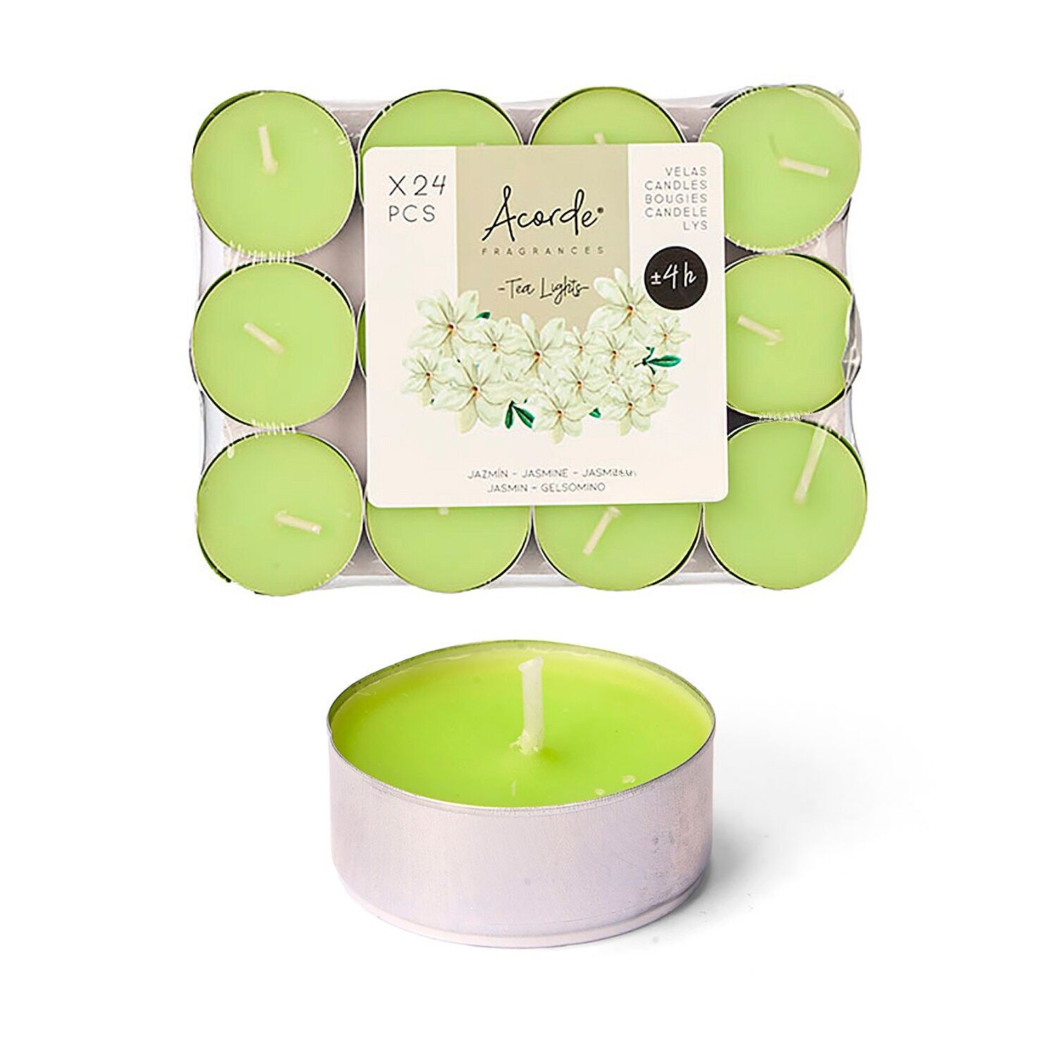 Lot de 24 bougies parfumées au jasmin. Durée : 4 heures. Couleur : Vert