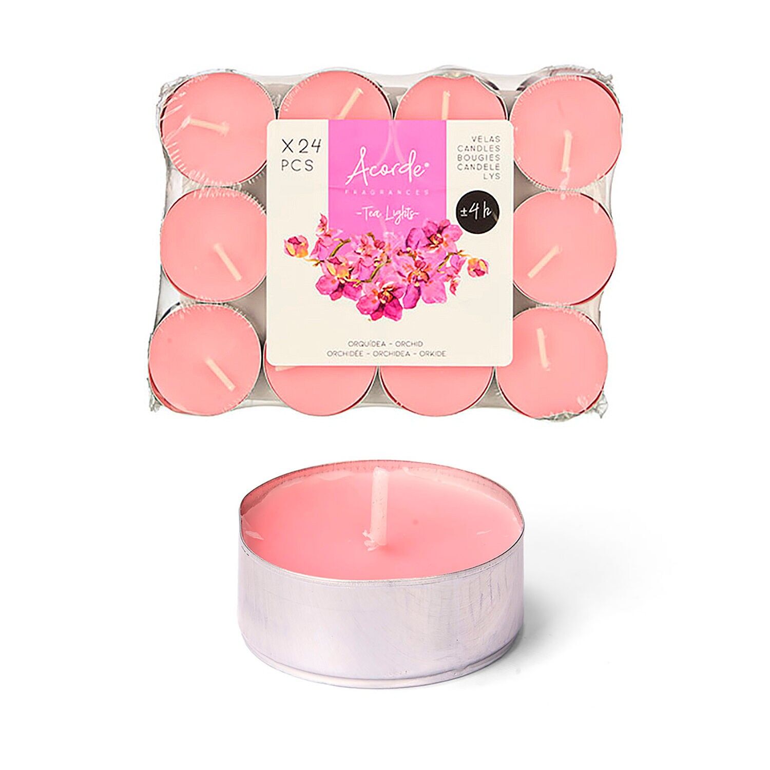 Lot de 24 bougies parfumées à l'orchidée. Durée : 4 heures. Couleur : rose