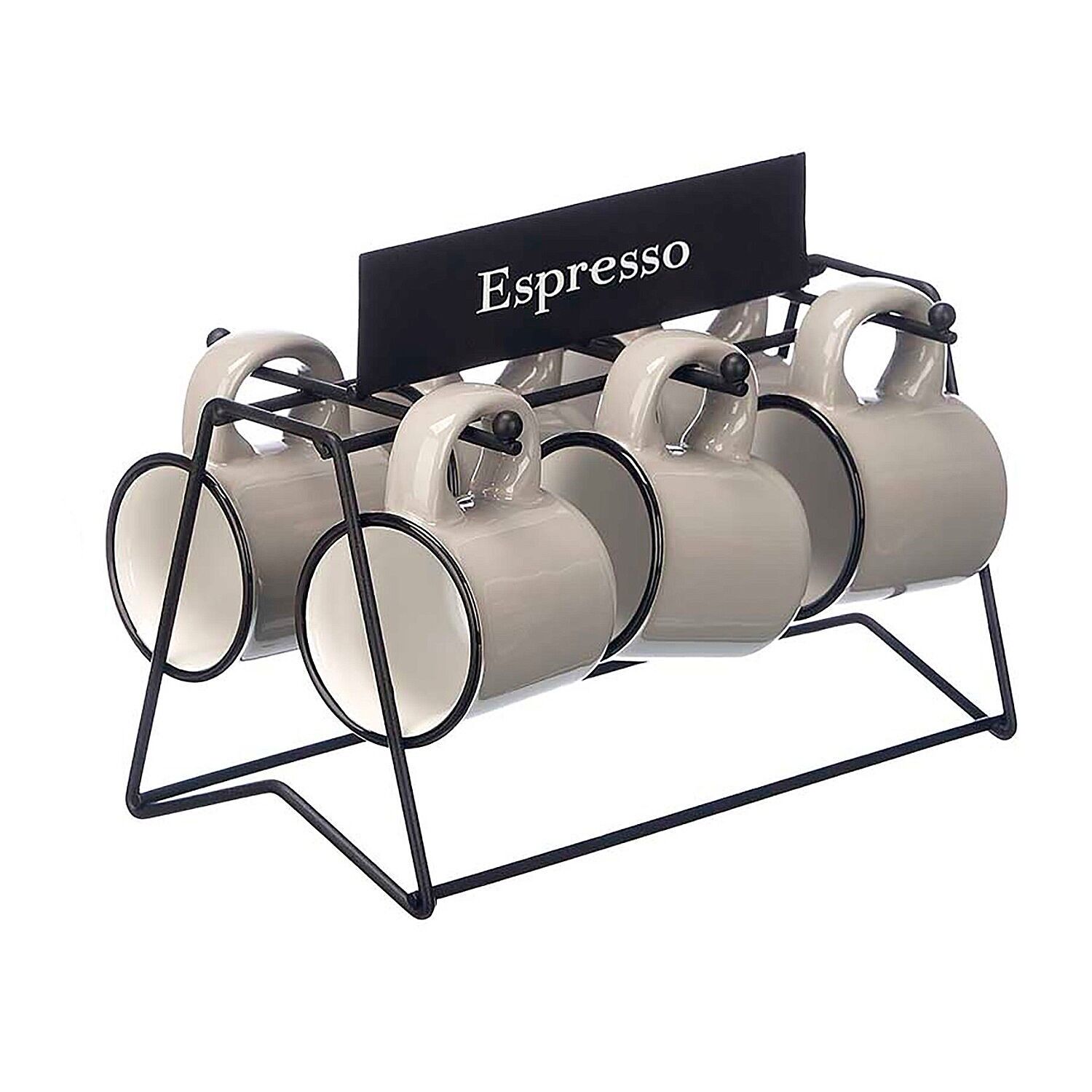 Set di 6 tazze da caffè in porcellana grigia con supporto in metallo. Capacità 100 ml. Grigio