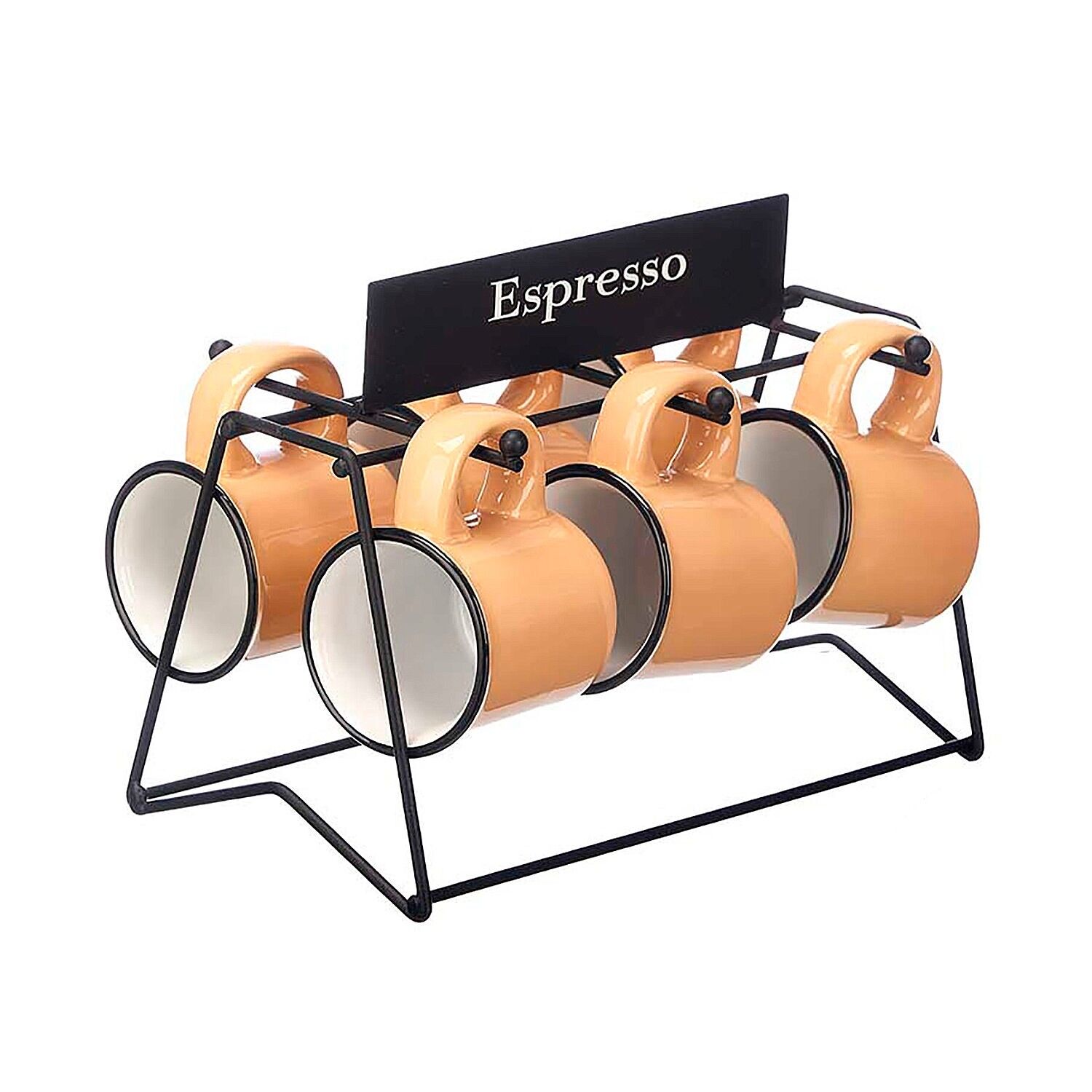 Set di 6 tazzine da caffè in porcellana beige con supporto in metallo. Capacità 100 ml. Colore: Beige