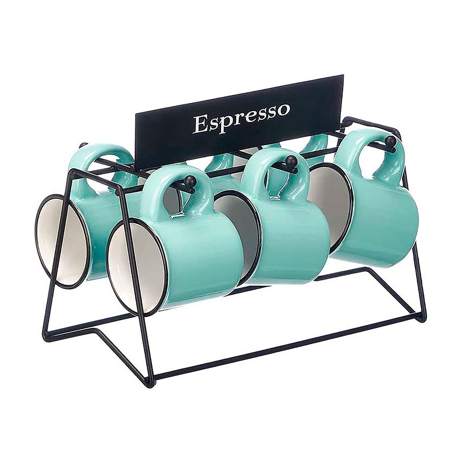 Set de 6 tazas verde menta para café de porcelana con soporte de metal. 100 ml de capacidad. Color: Verde Menta