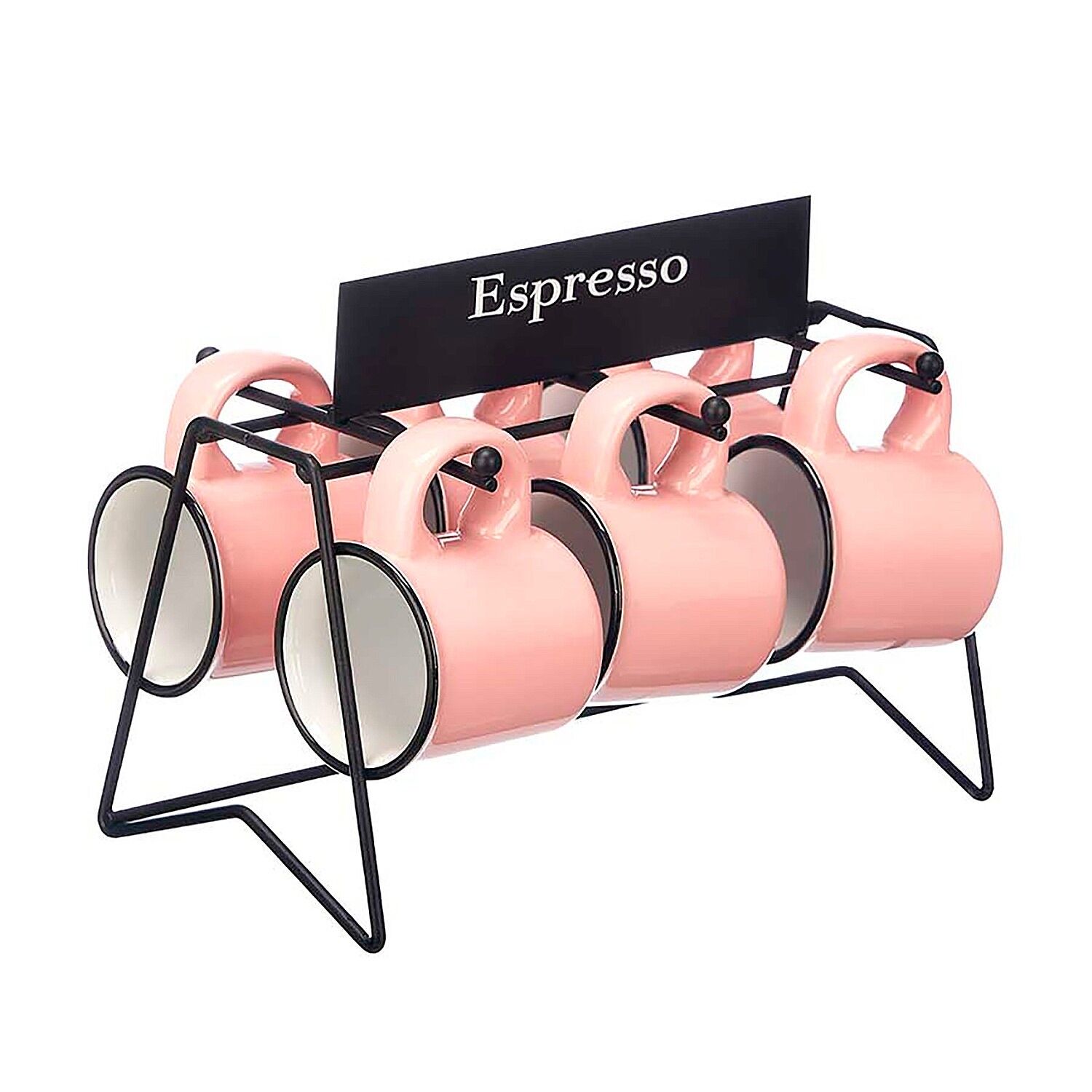 Set di 6 tazzine da caffè in porcellana rosa con supporto in metallo. Capacità 100 ml. Colore: Rosa
