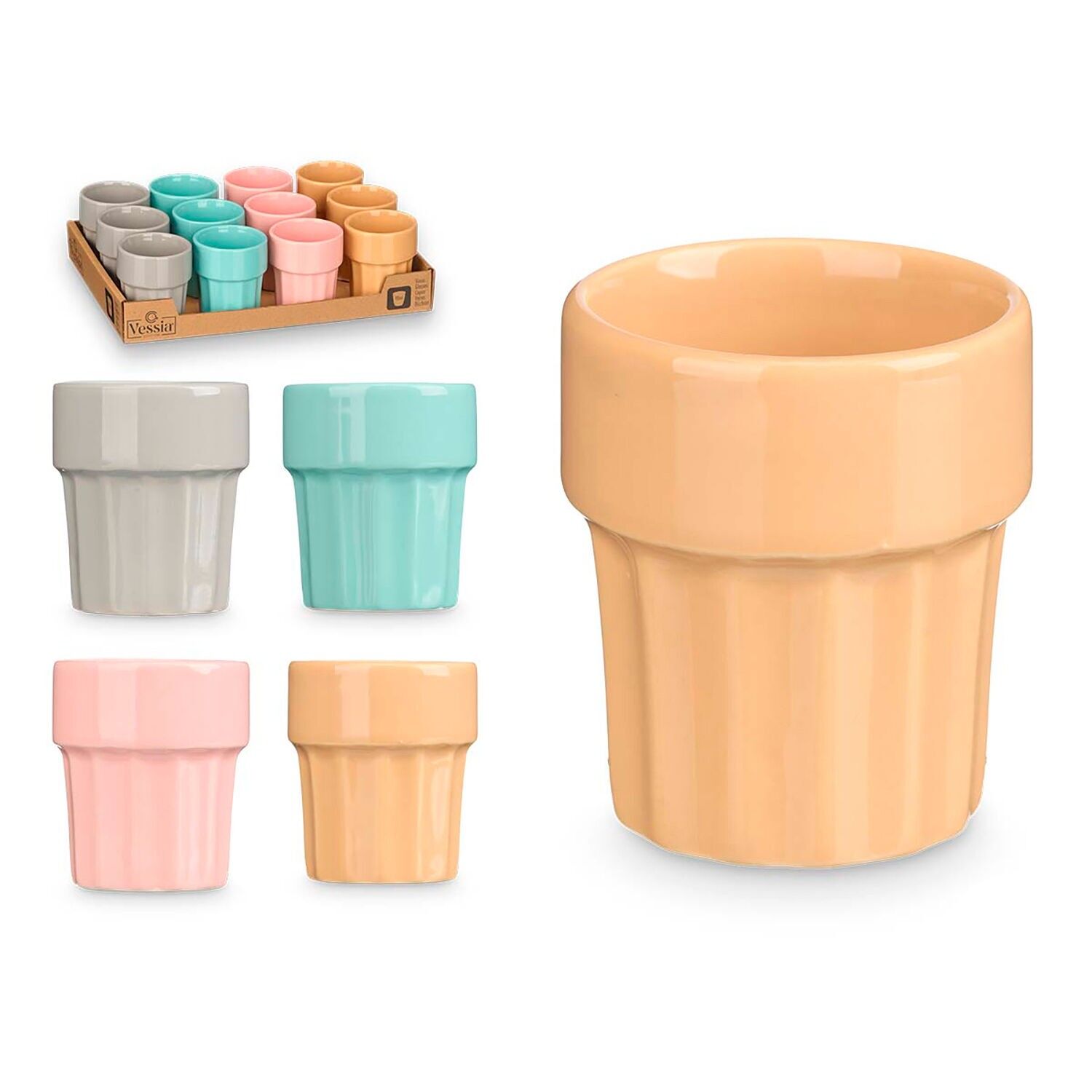 Set di 12 tazzine da caffè in porcellana. Assortimento di 4 colori. Capacità 90 ml. Colore: Multicolore