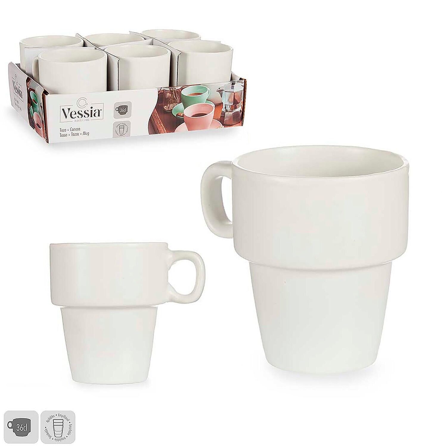 Set de 6 tazas apilables de porcelana 36 cl. Color: Blanco