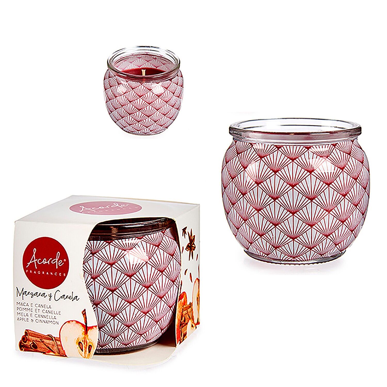 Candela profumata in barattolo di vetro al profumo di mela e cannella. Colore: Granato