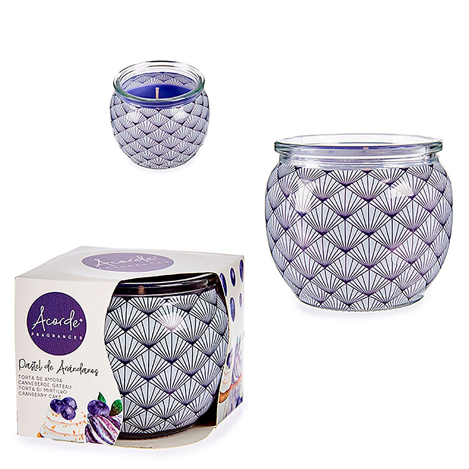 Candela profumata in barattolo di vetro al profumo di torta ai mirtilli. Colore: Viola