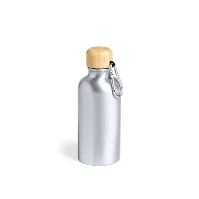 Bidón aluminio 400 ml con tapón bambú y mosquetón Color: Plata