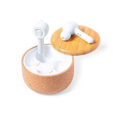 Bluetooth-Kopfhörer aus Naturkork und Bambus. 30 mAh Akku/ 300 mAh Ladestation. weiße Farbe
