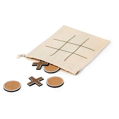 Gioco del tris in sughero naturale da 10 pezzi.Colore della fodera in cotone: marrone