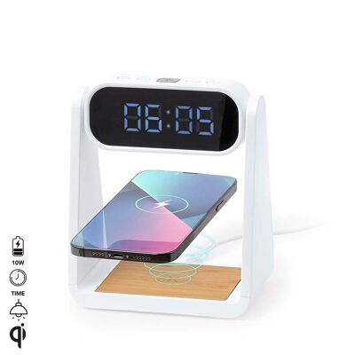 Reloj multifunción Darret con pantalla retroiluminada, función lámpara y cargador inalámbrico 10W integrado. Color: Blanco