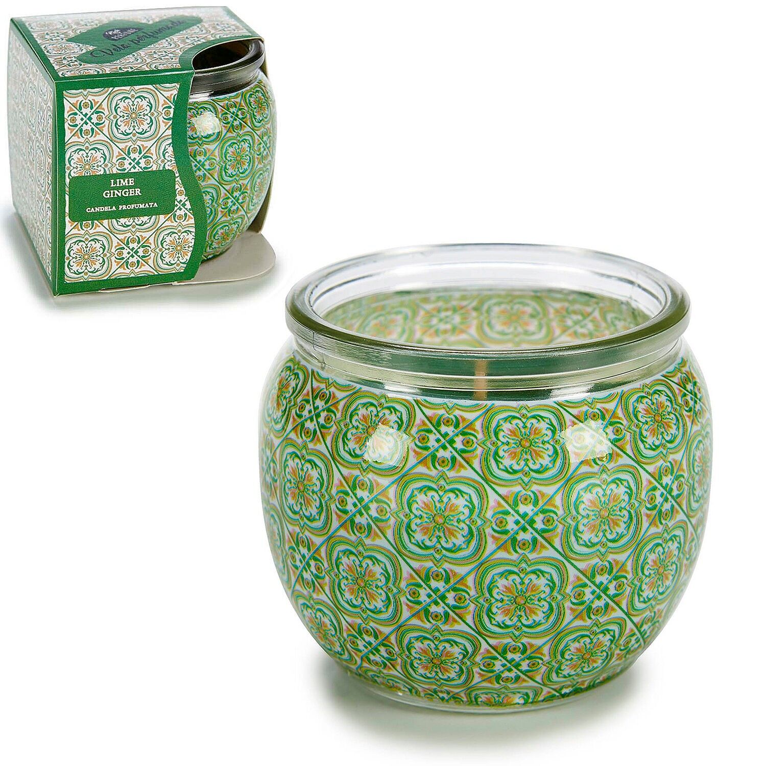Vela perfumada en tarro de cristal olor a gengibre de lima. Color: Verde