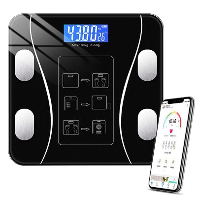 Smart scale with 12 essential metrics. Weight, fat%, BMI, body age, etc. Color: Black