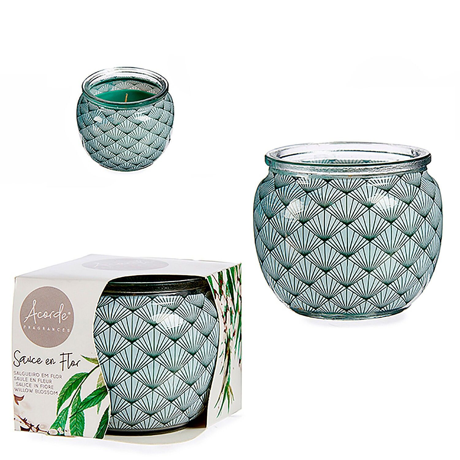 Vela perfumada en tarro de cristal olor a sauce en flor. Color: Verde