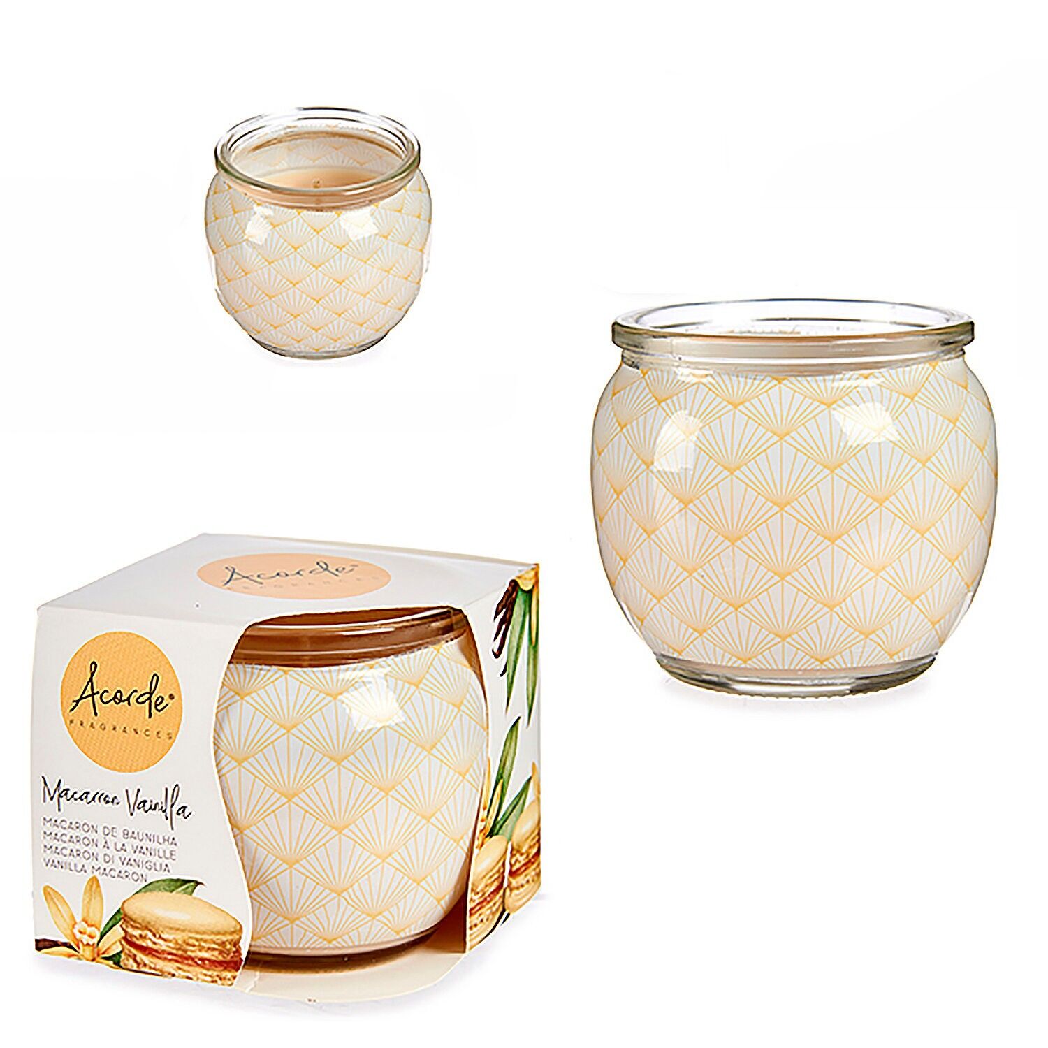 Vela perfumada en tarro de cristal olor a vainilla macaroon. Color: Beige Claro