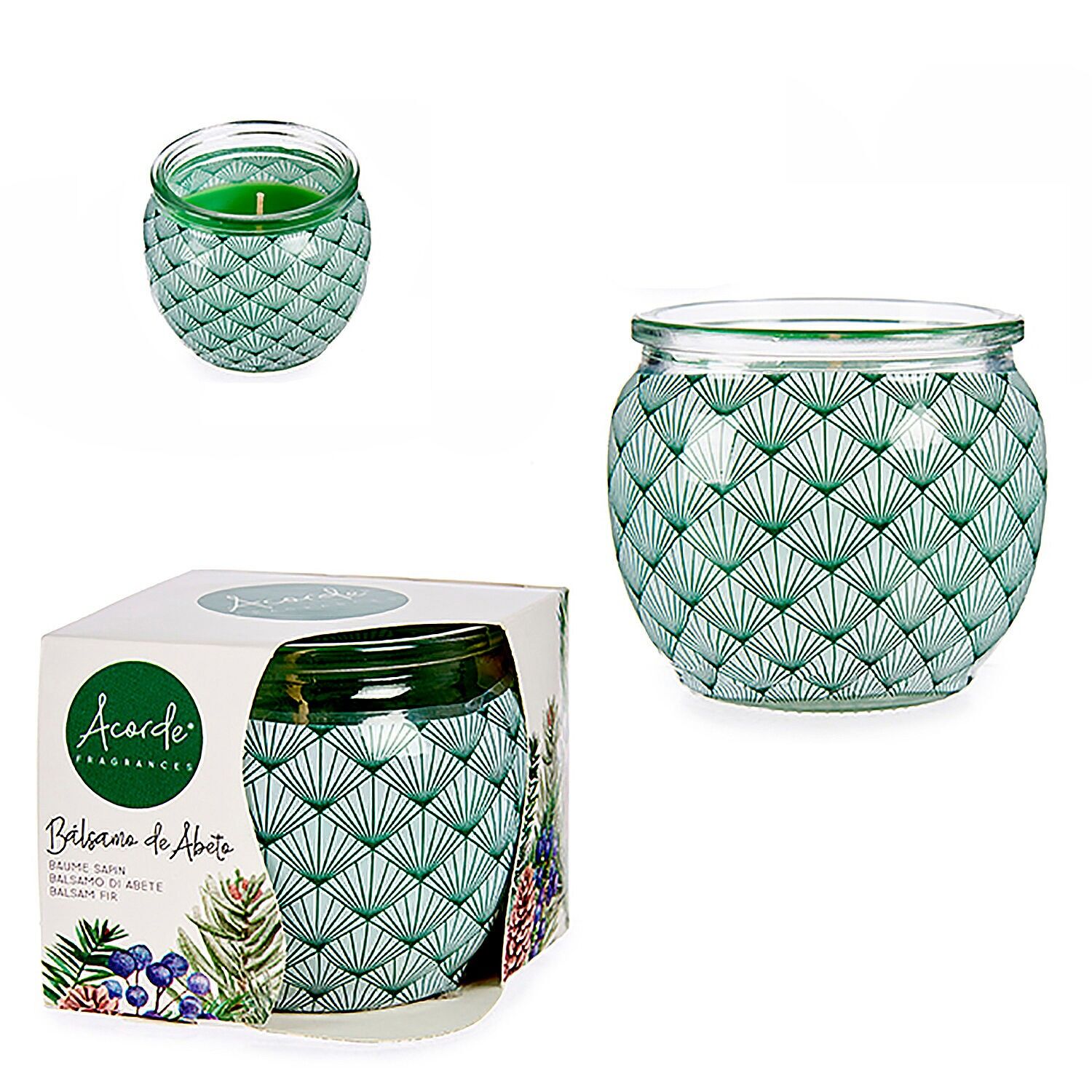 Vela perfumada en tarro de cristal olor a bálsamo de abeto. Color: Verde