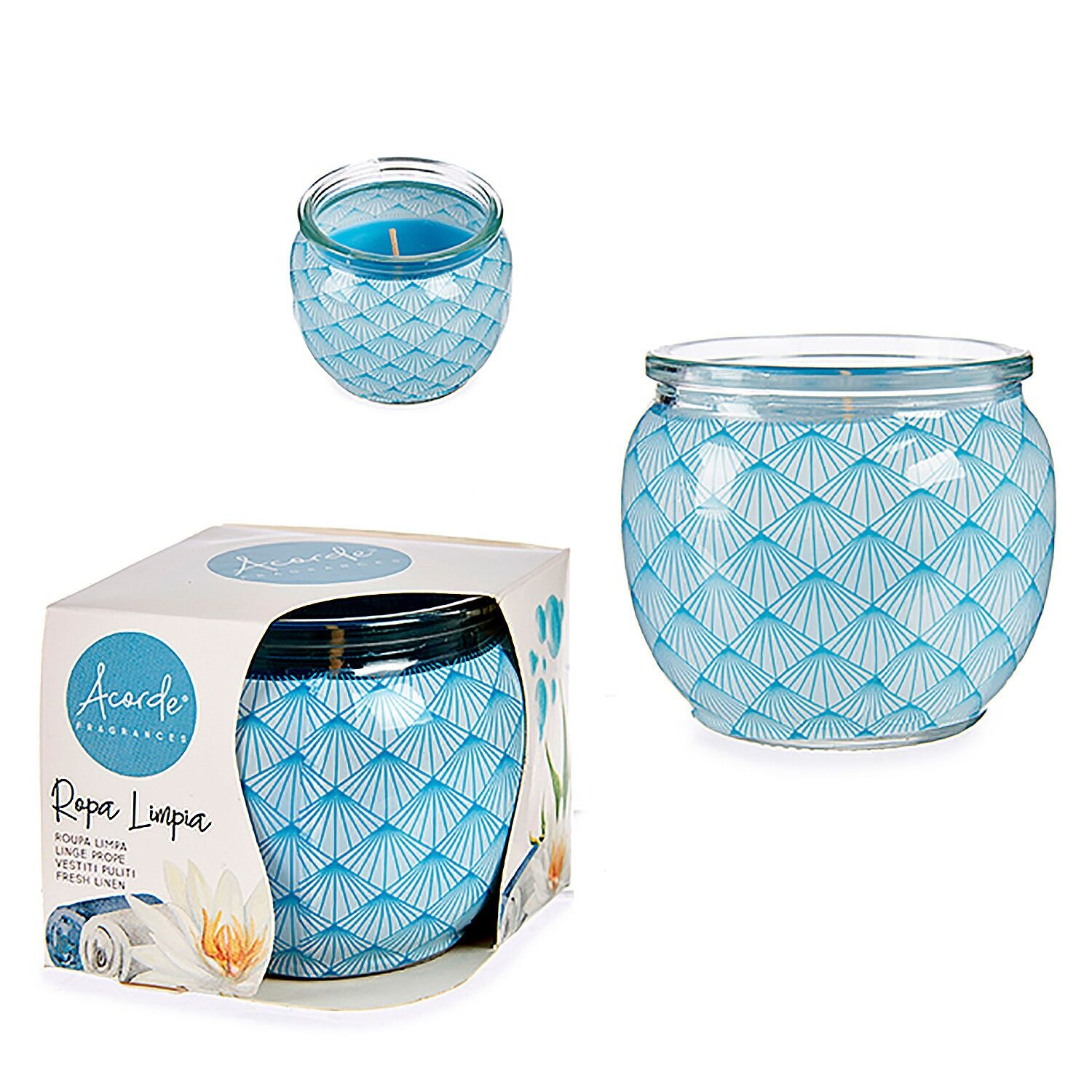 Vela perfumada en tarro de cristal olor a ropa limpia. Color: Azul