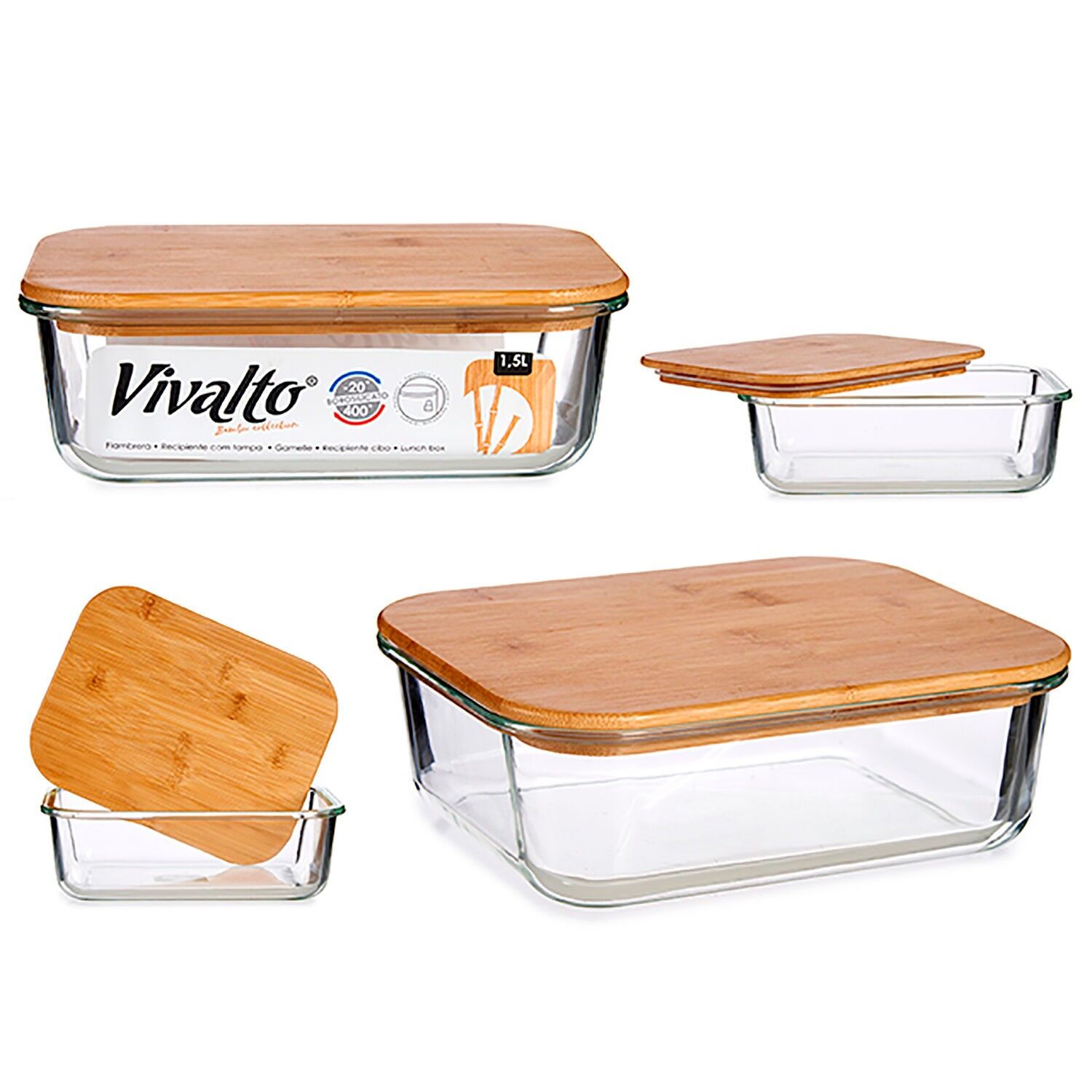 Fiambrera borosilicato hermética tapa bambú. Color: Transparente