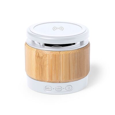 Haut-parleur chargeur sans fil Nature Bamboo 5W. Connexion Bluetooth. Puissance sonore 3W. Batterie 400 mAh Couleur : Blanc