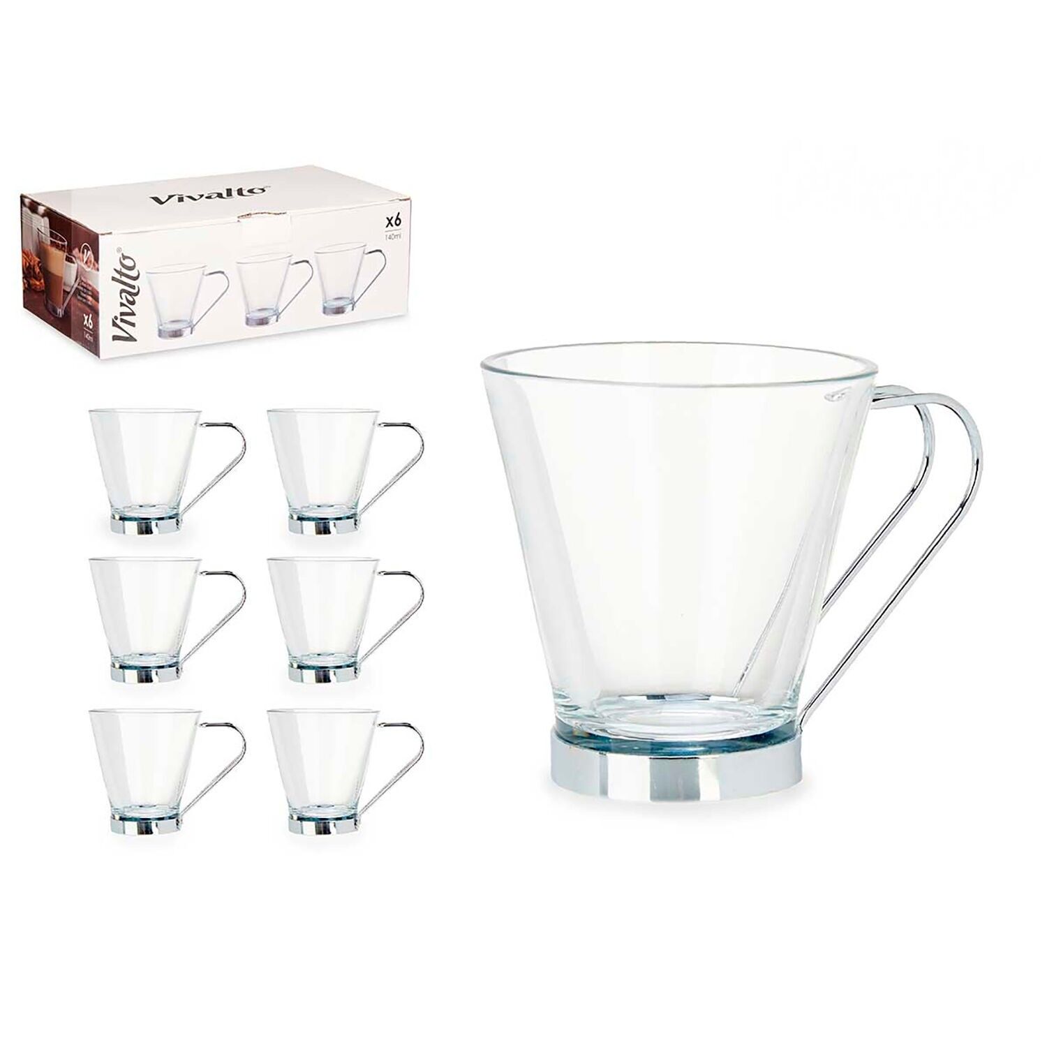 PACK OF 6 GLASS MUGS WITH METAL HANDLE 140 ML CUT Color: Transparent