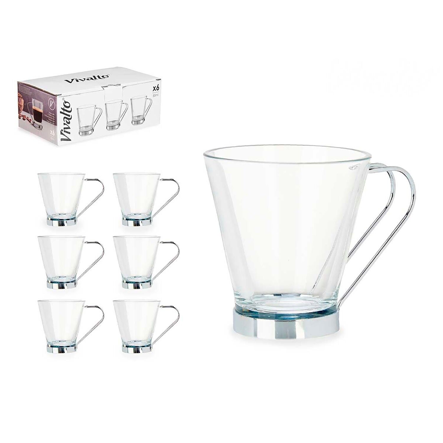 PACK OF 6 GLASS MUGS WITH METAL HANDLE 85 ML BROWN Color: Transparent