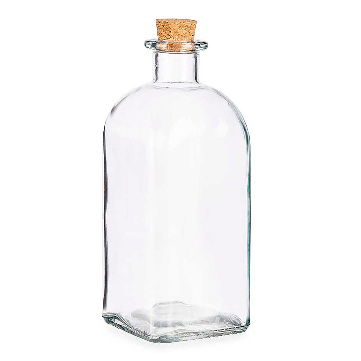 Bottiglia di vetro da 1 litro con tappo di sughero. Colore trasparente