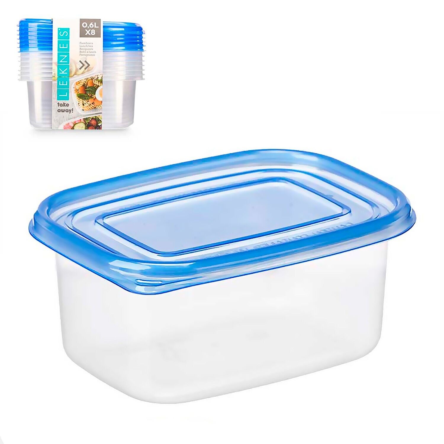 Set di 8 contenitori rettangolari per il pranzo. Capacità 660 ml. Colore blu