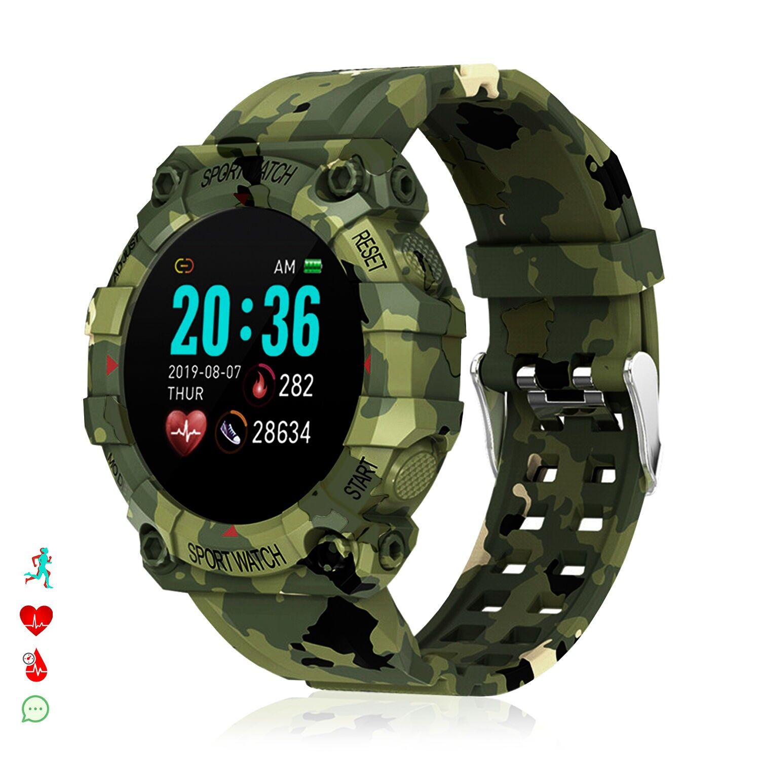 FD68 Bluetooth 4.0 Smart-Armband0 mit Herzmonitor, Blut-O2 und Blutdruck. Sportmodi. Farbe: Camouflage Grün/Dunkelgrün