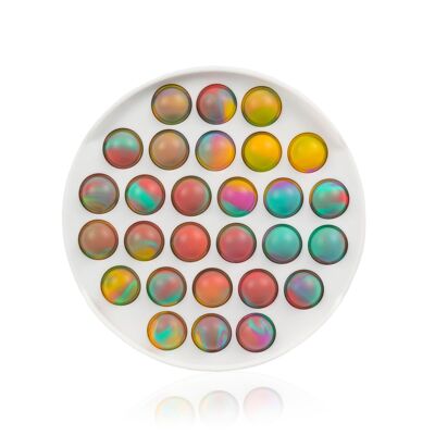 Bubble Pop It Stiff, giocattolo sensoriale antistress, con bolle di silicone da spremere e premere. Telaio rigido dalla forma rotonda. Colore: Bianco/Multicolore