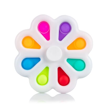 Esclusivo Bubble Pop It and Spinner, giocattolo sensoriale antistress, bolle di silicone da spremere e premere. Disegno floreale con petali interattivi e rotella centrale. Colore bianco