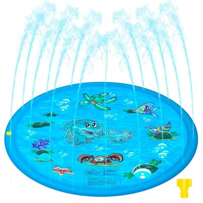 Tappetino anti-spruzzi. Giocattolo gonfiabile con spruzzatore d'acqua per giocare. 150 cm di diametro. Disegno di animali acquatici. Colore blu