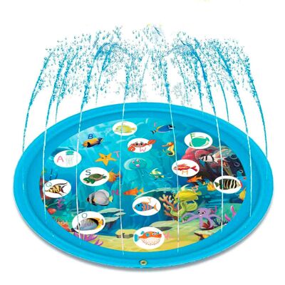 Tappetino anti-spruzzi. Giocattolo gonfiabile con spruzzatore d'acqua per giocare. 170 cm di diametro. Progetta animali marini e alfabeto. Colore blu