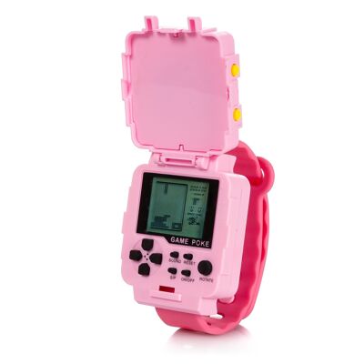 Reloj consola con 23 juegos en 2D. Varios tipos de juegos clásicos como Tetris, pong, naves, etc. Color: Rosa