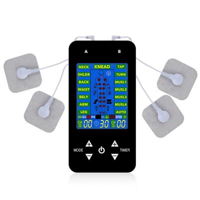 EMS Electroestimulador muscular MHD-15 portátil. 15 modos, 40 intensidades. Tamaño compacto, alimentación con pilas. Color: Negro
