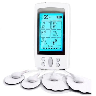 EMS Electroestimulador muscular MHD-ZZB16 portátil. 16 modos, 20 intensidades, 2 canales. Tamaño compacto, batería recargable. Color: Blanco