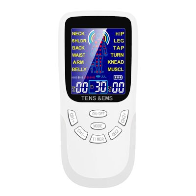 EMS Electroestimulador muscular MHD-12DCK2 portátil. 12 modos, 2 canales duales. Tamaño compacto, alimentación por pilas. Color: Blanco