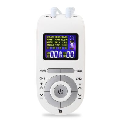 EMS Electroestimulador muscular MHD-12DCK1 portátil. 12 modos, 2 canales duales. Tamaño compacto, alimentación por pilas. Color: Blanco