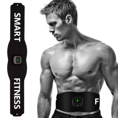 Cinturón estimulador electrónico EMS FS68Q. Para abdomen y espalda baja. Adaptable a todo el cuerpo. Batería recargable. Color: Negro/Blanco