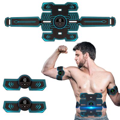 Estimulador electrónico y masaje EMS inteligente O88Q. Para abdominales, brazos y piernas. Batería recargable. Color: Negro/Azul