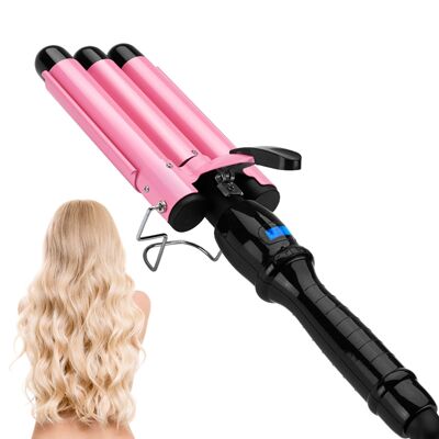 Moldeador de pelo de 3 tubos KJ-09. 45W. Temperatura de 170 a 220 grados. Color: Negro/Rosa