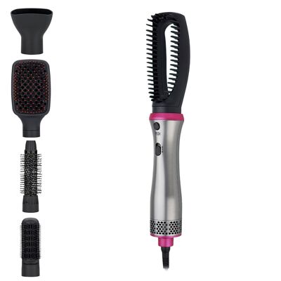 Peine secador 3 en 1 BY-812. Aire y calor de 2 intensidades. 4 peines para crear estilos. 600W. Color: Plata/Rosa