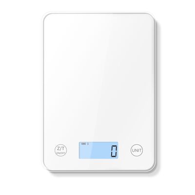 Digital kitchen scale. Accuracy of 1 gr. Range 1 to 5.000 gr. 9 units of measurement for solids and liquids. White color