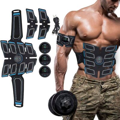 Cinturón electroestimulador muscular y de masaje EMS inteligente. Masajeador estimulador para abdominales, brazos/piernas. Batería recargable. Color: Azul