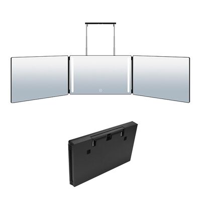 Espejo de maquillaje tríptico plegable, con luz LED. Para uso en mesa o para colgar en puertas, armarios, etc. Batería recargable. Color: Negro