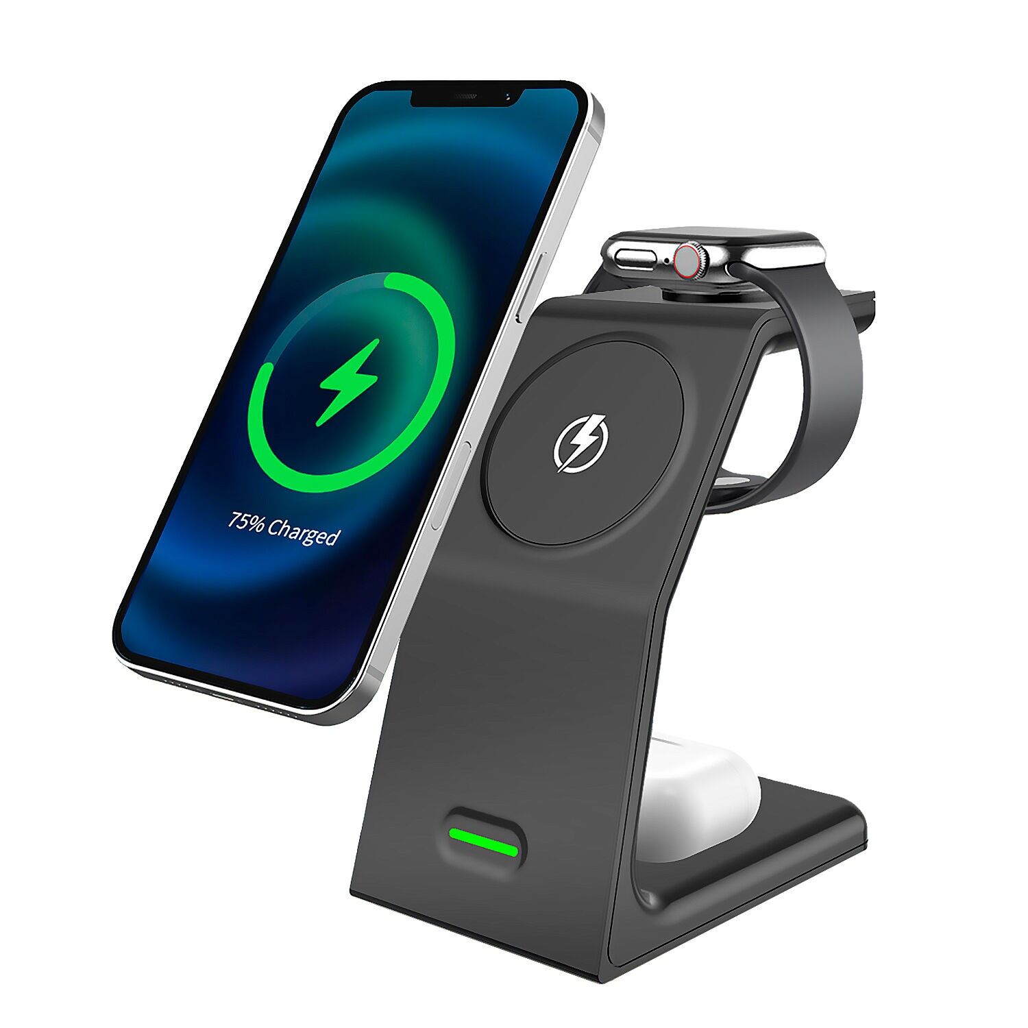 Cargador inalámbrico J-W23 magnético 3 en 1, 15W. Compatible con Magsafe. Base de carga para Apple Watch y auriculares Qi. Color: Negro