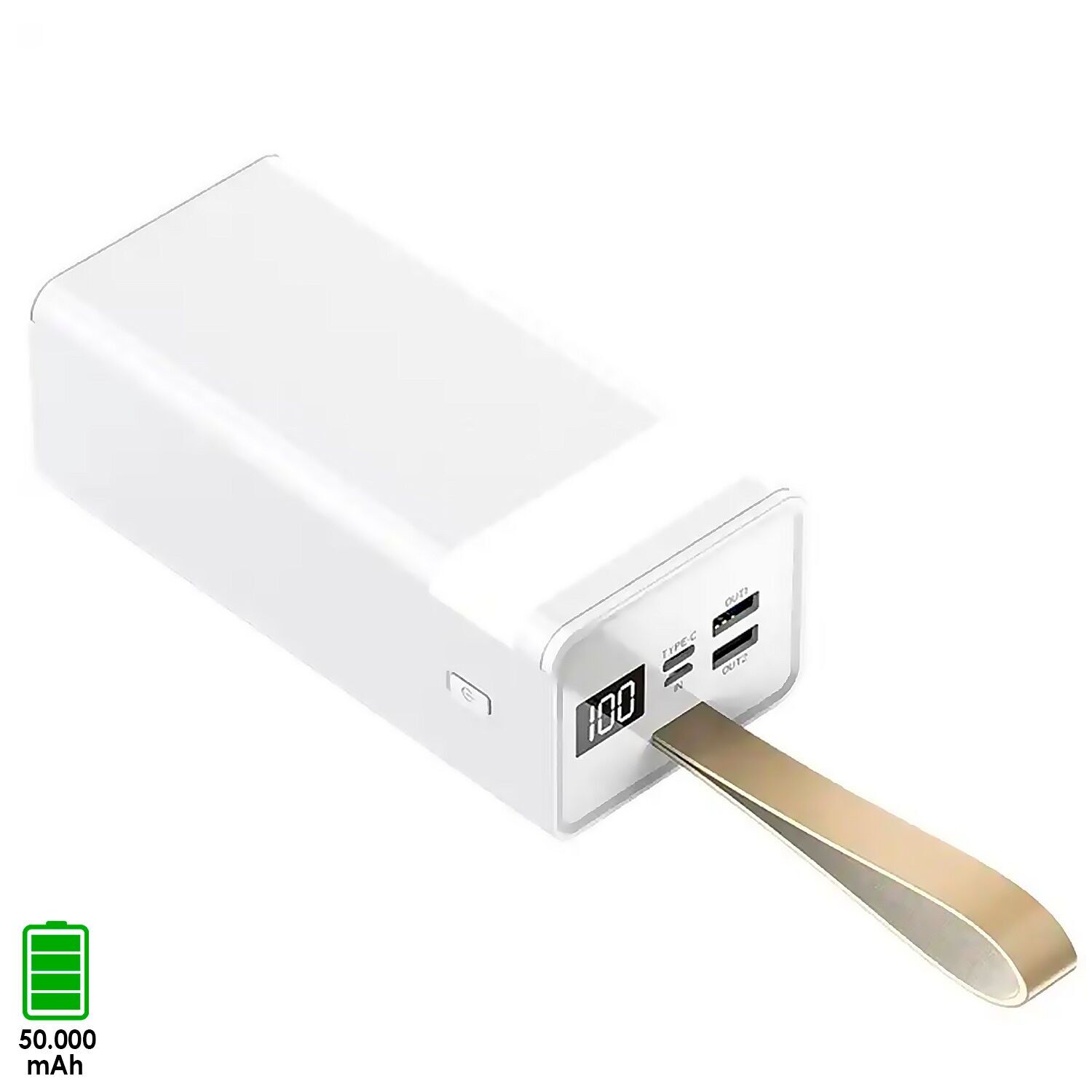 Banque d'alimentation 50.000mAh avec double sortie USB, charge rapide PD22,5W, sortie USB-C, pendentif de transport et lampe de poche haute puissance. Écran de chargement LED. Couleur blanche