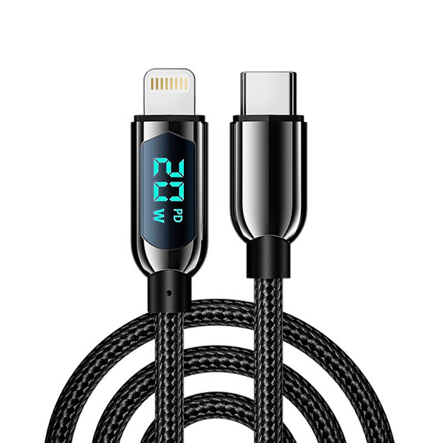 Cable USB-C 2.0 a Lightning de 20W, carga rápida, pantalla digital, 1,2 metros. Aleación de Zinc. Color: Negro