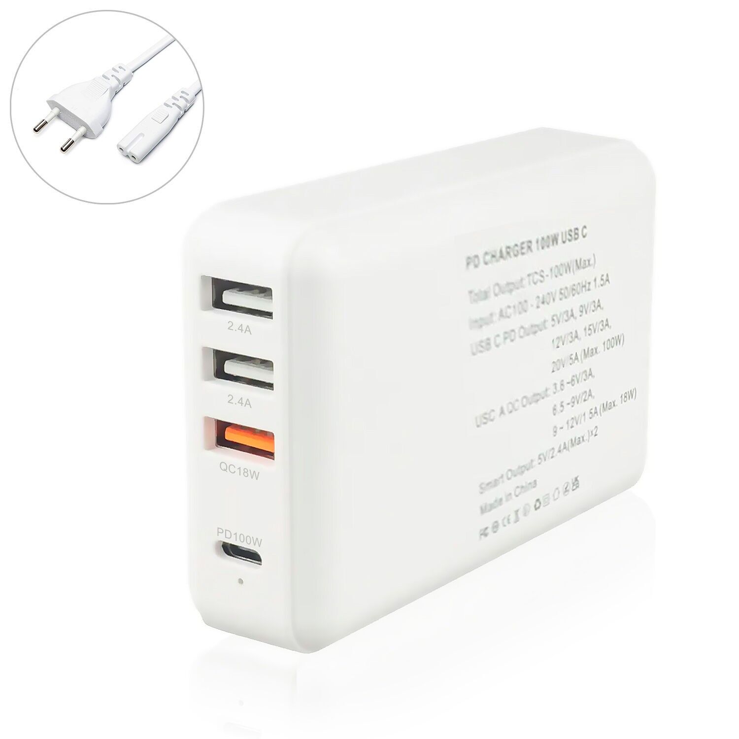 USB-Ladegerät mit PD100W + QC3-Ausgang.0 18 W + Doppelausgang 2.4A Farbe: Weiß